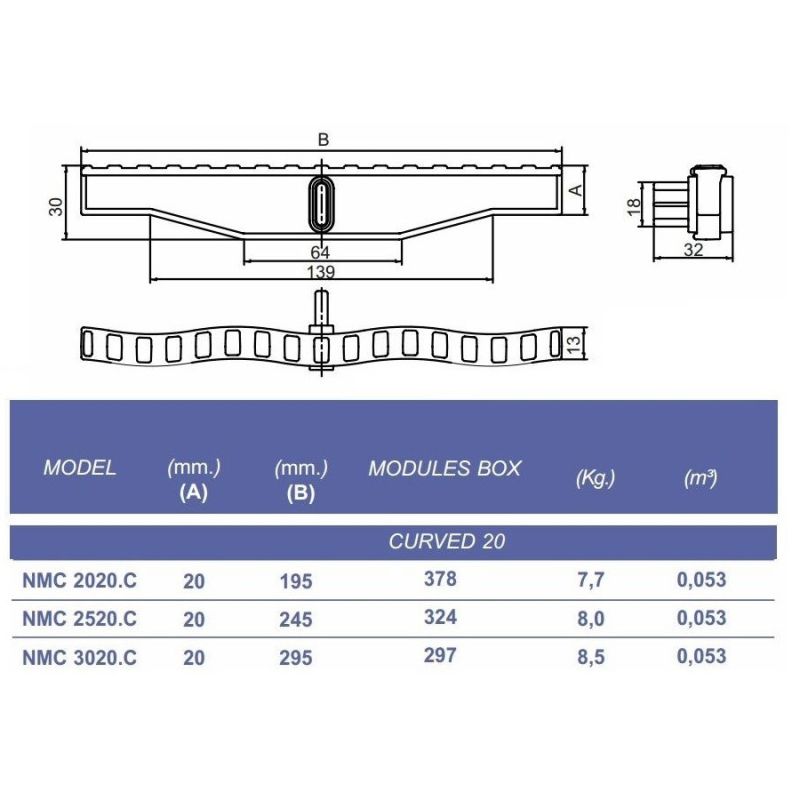 Переливна решітка Kripsol NMC 2520.C з центральним з'єднанням 245х20 мм